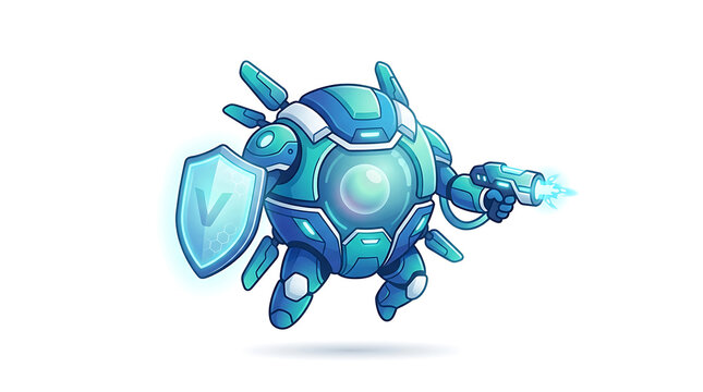 Glowing blue turtle robot with shield and sword