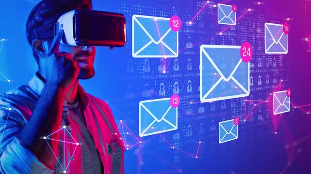 Man Using Virtual Reality Headset with Email Notifications and Digital Connections in a Modern Technology Context Sigmoid