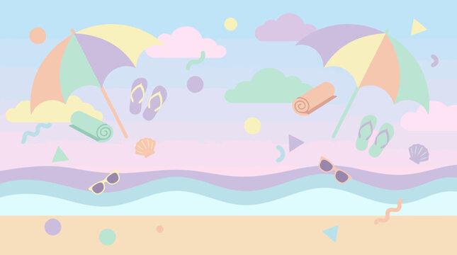 Colorful Pastel Flat Design Summer Beach Illustration with Umbrellas Sunglasses and Sea Waves Background