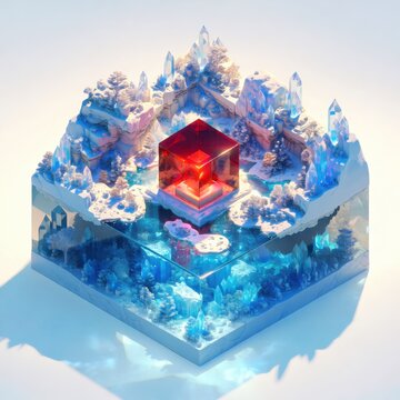 Ultra-detailed isometric diorama of a dream-weaving HDR landscape featuring a transformation scene where summer light glints off a large red crystal cube perched on a frosted pedestal. The cube&rsquo;s fac