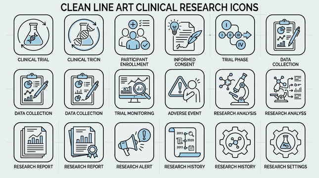 Set of clean line art icons for clinical research and medical studies.