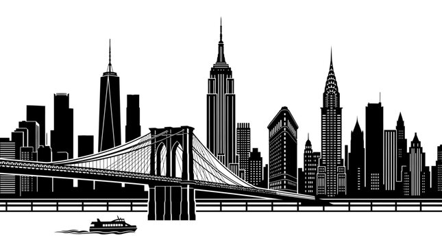 New York City Skyline with Brooklyn Bridge and Boat.
