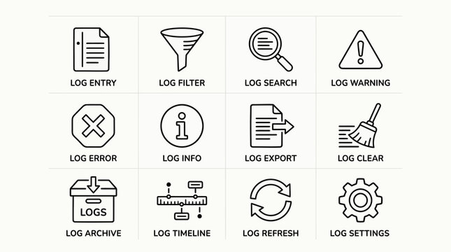 Set of 12 Hand Drawn Log Management and System Monitoring Icons.