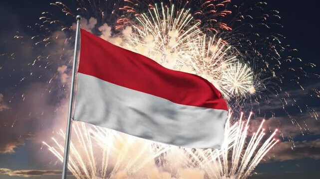 Indonesian flag waving in the night sky with festive fireworks
