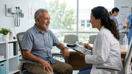 Obraz premium Friendly Consultation Between Elderly Man and Female Doctor in Office
