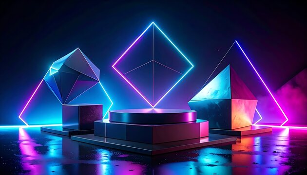 Neon-lit geometric shapes on a podium in a dark room
