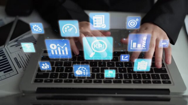 KPI icons show performance metrics, goals, and achievement measurement. KPI helps business track progress, KPI supports management, and KPI improves strategy results. Funnel