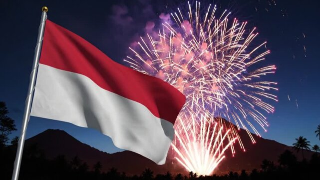 Indonesian Flag Waving at Night with Fireworks and Mountain Scenery