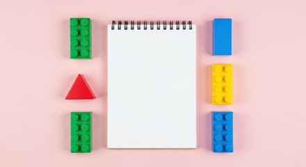 Obraz premium Top view of a blank spiral notebook surrounded by colorful plastic building blocks on a soft pink background