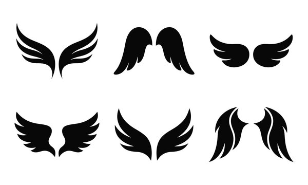Set of angel wings silhouette design elements for graphic design and iconography.