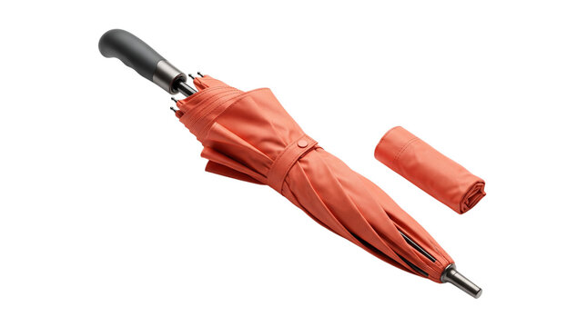 Folded orange umbrella with cover isolated on transparent background