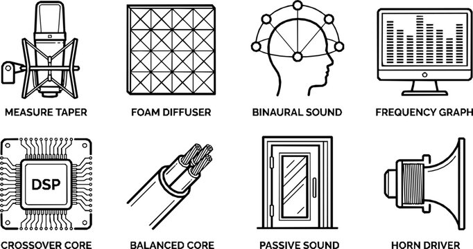 Audio engineering and sound technology line icon set with engineering, acoustic