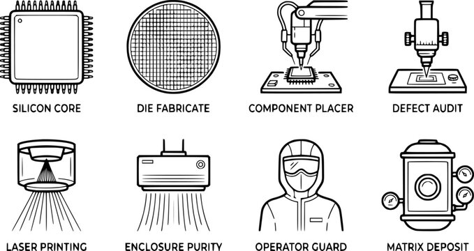 Semiconductor manufacturing and chip production process icon set with production