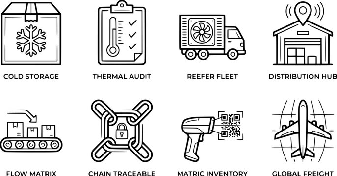 Global logistics and cold chain supply management icon set with logistics