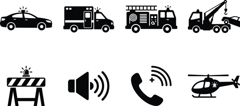 Black Silhouette Icons of Emergency Vehicles, Rescue Equipment, and Public Safety Communication Symbols