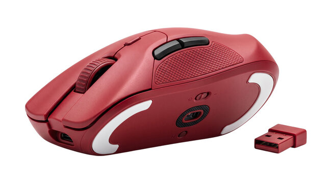 Red wireless computer mouse with white accents and usb receiver isolated on transparent background