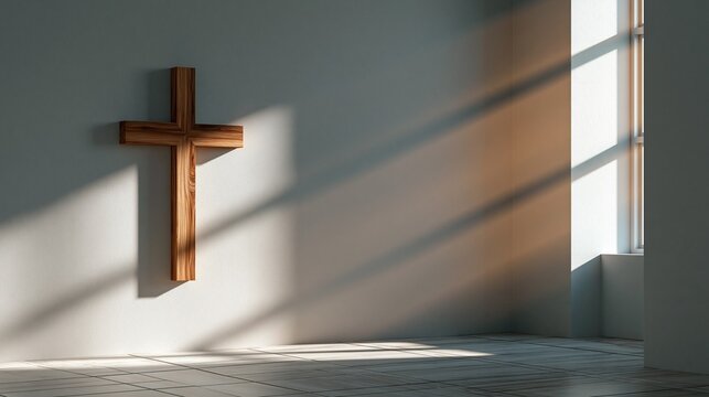 Wooden cross on a light wall with soft window blind shadows.