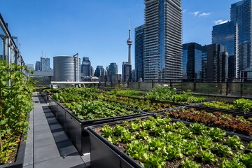 Fototapeta premium Urban Rooftop Farm with Modern City Skyline