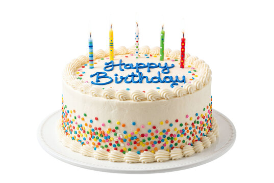 White frosted birthday cake with colorful sprinkles and five candles