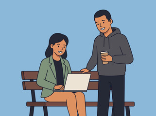 Fototapeta premium Flat 2D vector illustration Two individuals collaborating on a laptop while sitting on a bench, discussing work
