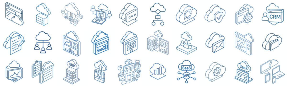 minimalist isometric line art vector icon SaaS in blue