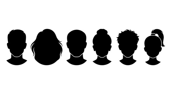 Set of human head silhouettes with diverse hairstyles.