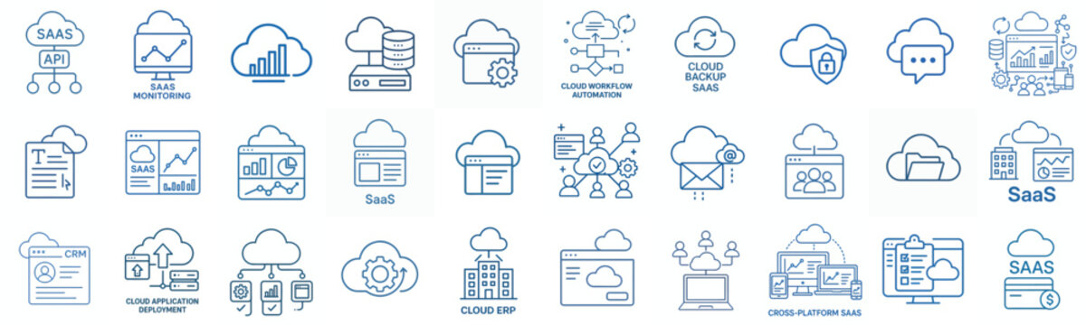 minimalist line art vector icon SaaS in blue