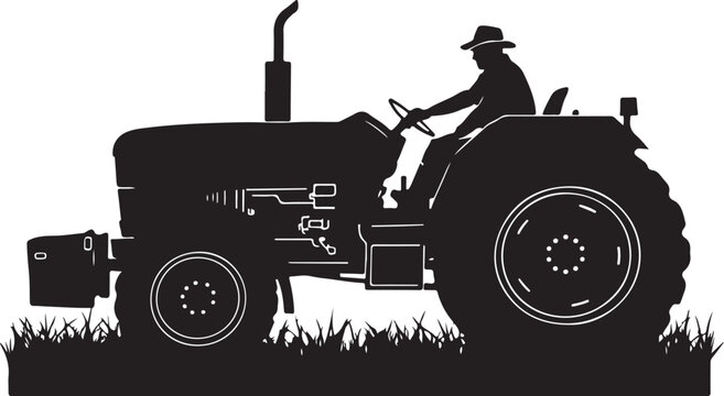 Silhouette of a man driving a tractor, side view driver
