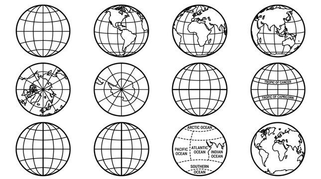 Set of globe icons with various geographic map projections and grid lines.