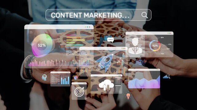 Visual representation of collaboration in content marketing, showcasing various digital tools and analytics that drive business success and improve marketing strategies. Raster
