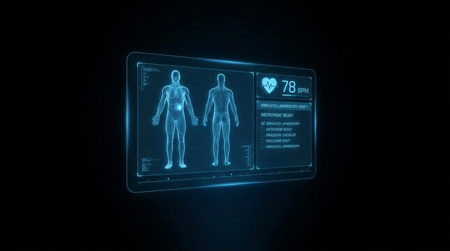 Advanced medical HUD interface displaying VR medical training HUD in glowing blue tones over a pure black background. Perfect for modern healthcare technology presentations and medical advertising.