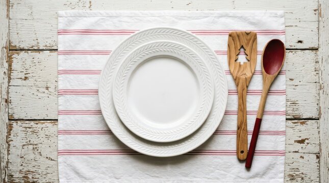 Top view of empty white plates on a rustic wooden table with a striped placemat and wooden kitchen utensils
