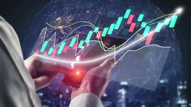 A person analyzes market trends using a smartphone displaying financial graphs and data overlays, symbolizing digital finance and economic growth in a modern urban setting. Copula