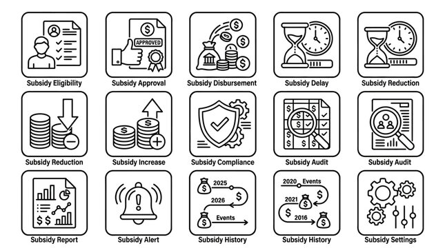 Set of fifteen line icons illustrating various subsidy management and financial processes.