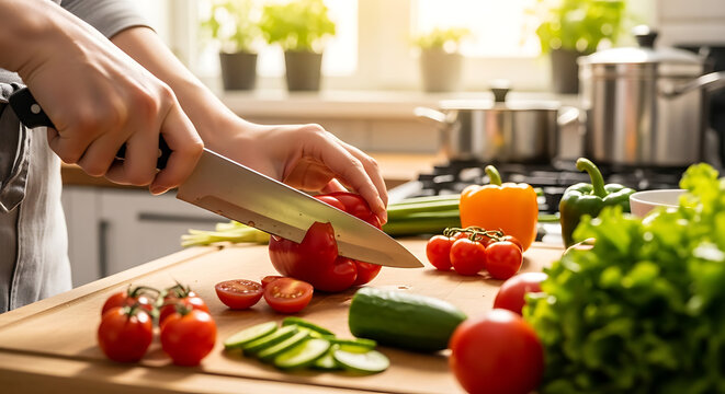 Hands chopping fresh red bell pepper with knife during daylight cooking in a kitchen