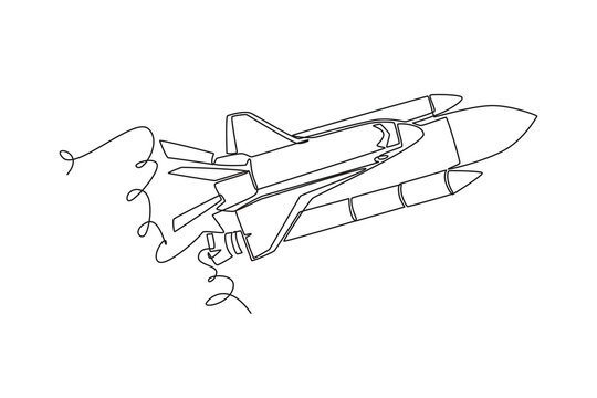 Single one line drawing a space shuttle vehicle attached to its external tank and rocket boosters flying diagonally with a stylized loop trail. Continuous line draw design graphic vector illustration