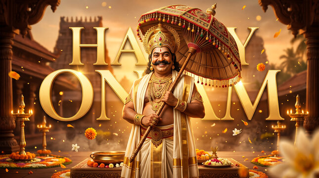 Traditional indian man dressed in golden attire holding a decorative umbrella during onam festival celebration with vibrant background