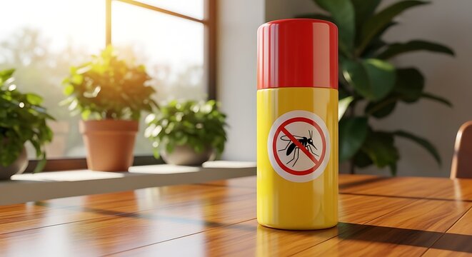 A mosquito repellent spray bottle stands on a wooden table