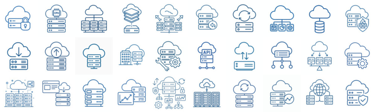 minimalist line art vector cloud server icon in blue