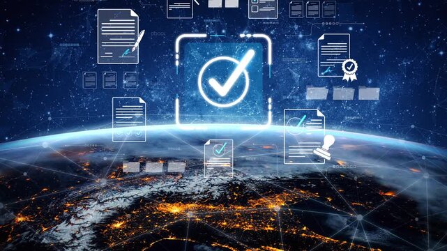 Futuristic digital verification technology concept with checkmark symbol, documents, and global network in a cosmic landscape, representing innovation in authentication processes Sigmoid
