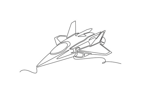 Single one line drawing futuristic space vehicle or advanced fighter jet flying in the sky, showcasing sci-fi technology and aerospace concepts. Continuous line draw design graphic vector illustration
