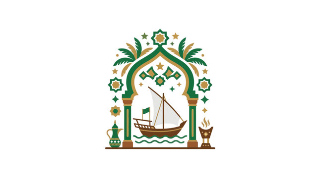 Arabian Style Arch with Traditional Dhow Boat and Palm Trees Illustration