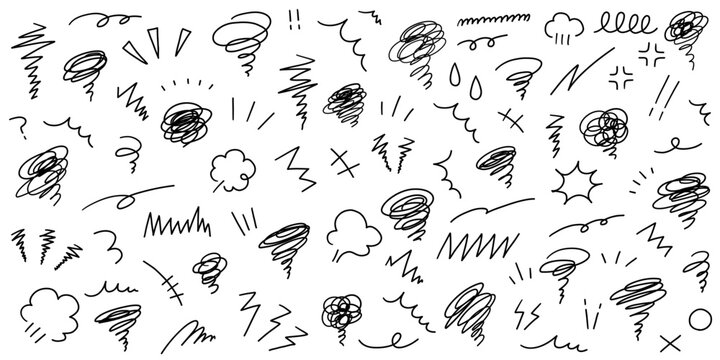 手書きの飾りイラストのベクターイラストセット。手描き、集中線、モヤモヤ、注目