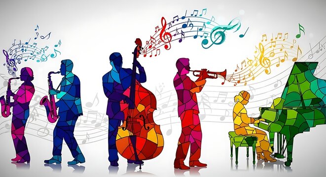 Musicians set playing jazz instruments with colorful notes on white