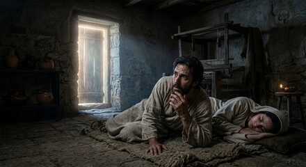 Obraz premium Bible, A cinematic, low-key photograph inside a small, humble home at night. Joseph is shown waking abruptly from a dream, his expression etched with urgent concern. Beside him, Mary sleeps peacefully