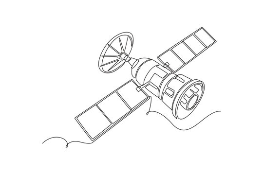 Continuous one line drawing an isometric satellite space vehicle with solar panels and a communication dish, representing cosmic network technology. Single line draw design vector graphic illustration