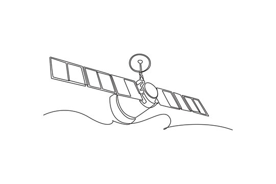 Continuous one line drawing telecommunication satellite vehicle orbiting in deep space with extended solar panels, representing global network tech. Single line draw design vector graphic illustration
