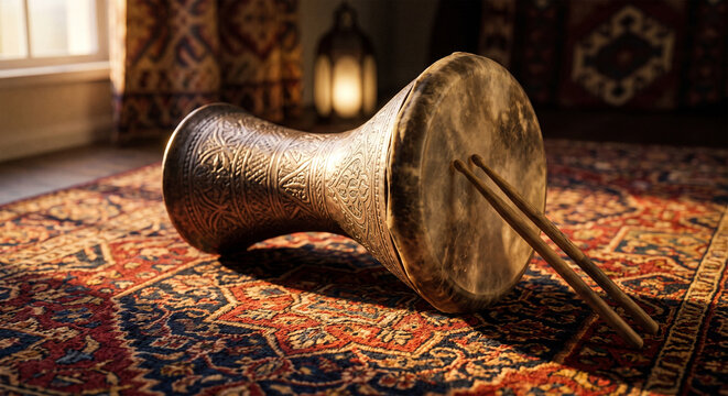 A close-up, artistic composition featuring a darbuka resting on a rich, patterned Middle Eastern rug, bathed in the soft, golden glow of a late afternoon sun,