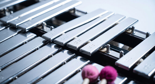A high-definition, macro photograph of a professional glockenspiel, focusing on the polished, silver-plated steel bars 