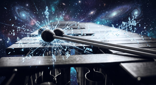 A conceptual, surreal image of a xylophone floating in a dreamlike, starlit space, with faint, glowing, musical light particles radiating from the bars 